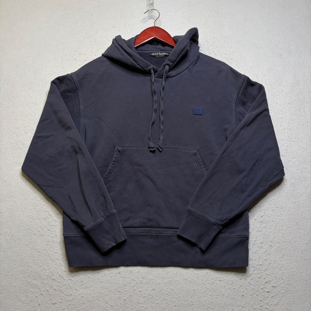 Acne Studios Hoodie Mens L Navy Blue Ferris Face Patch Distressed Sweatshirt